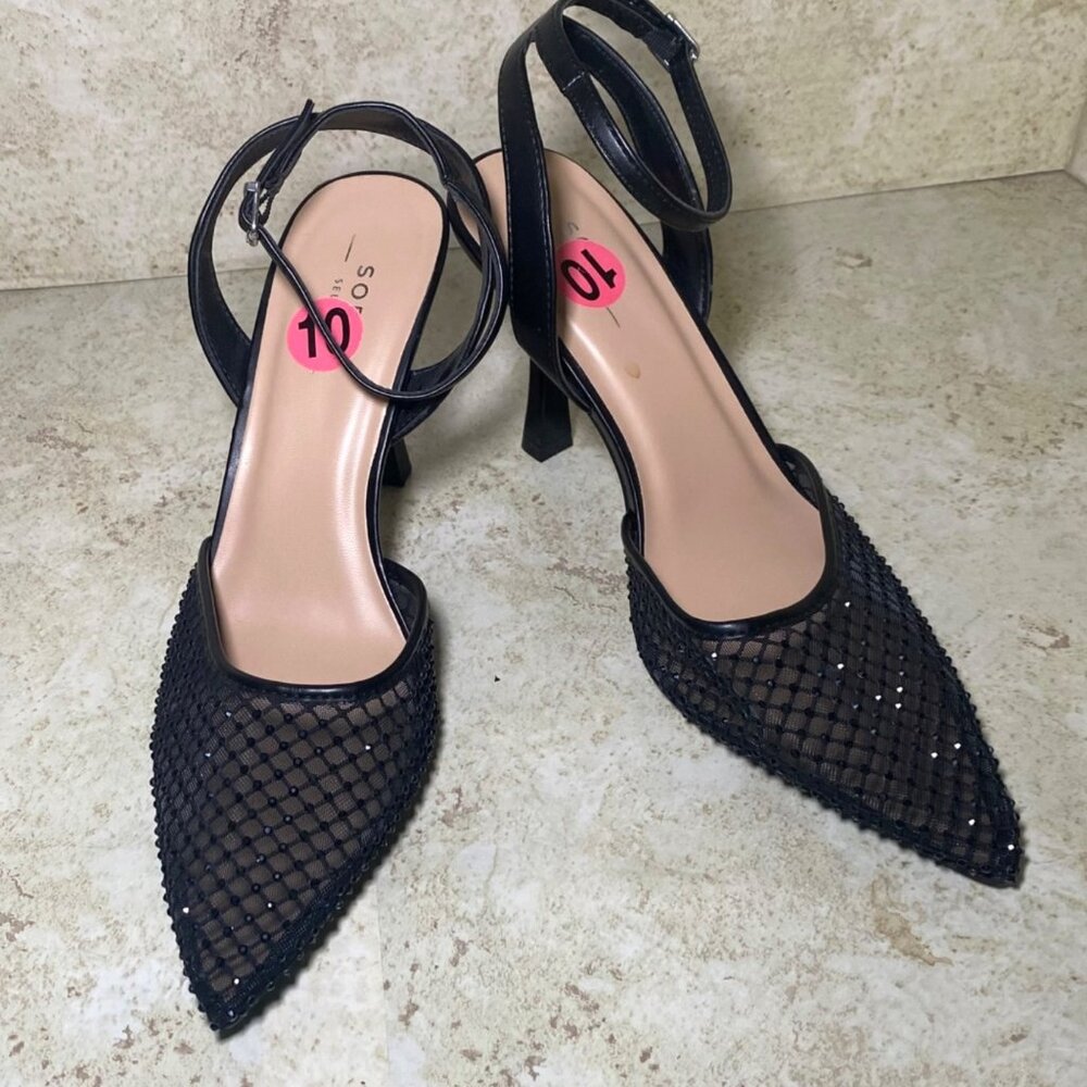 Black Mesh Pointed Toe Heels With Ankle Strap Stiletto Heel‎ Size 10